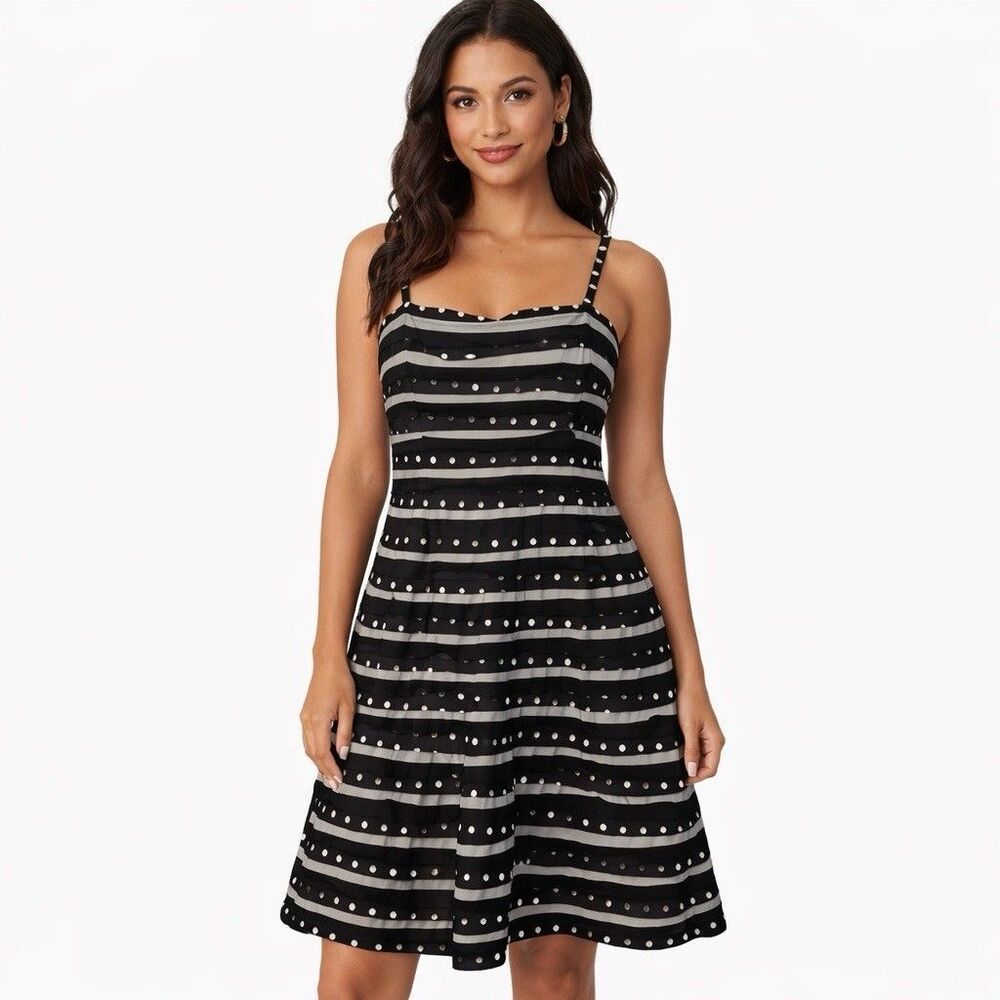BCBGMAXAZRIA Dress Womens 6 Black Silk Polka Dot Fit Flare Sundress Knee Length